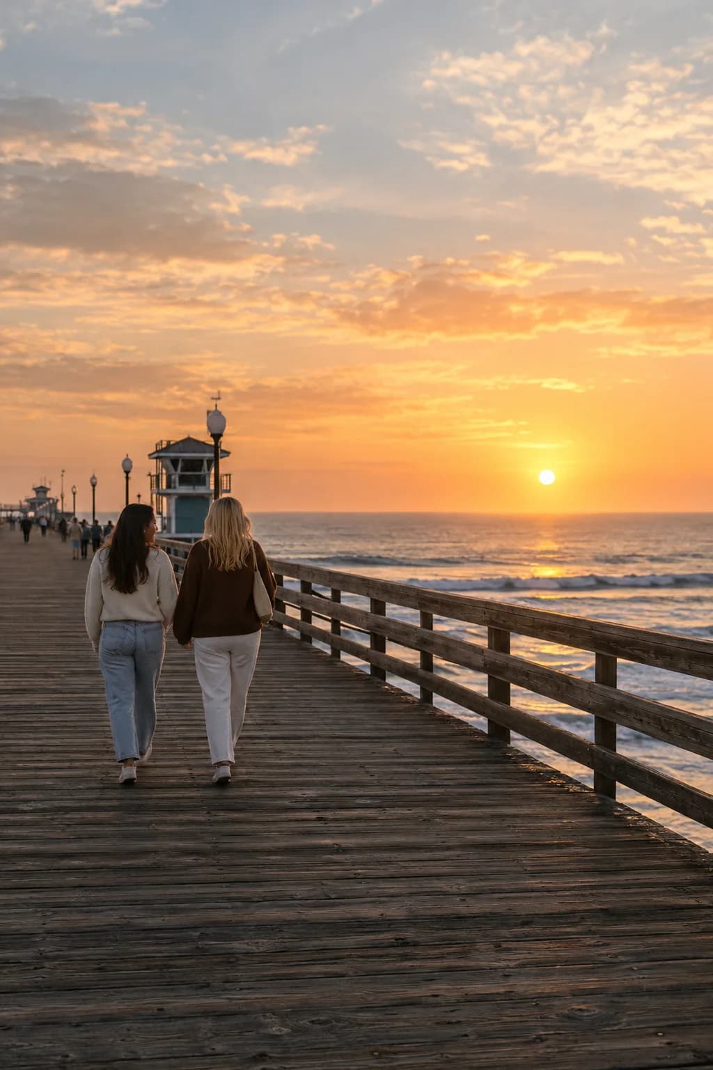Two friends walking along the Oceanside pier at sunset in San Diego County