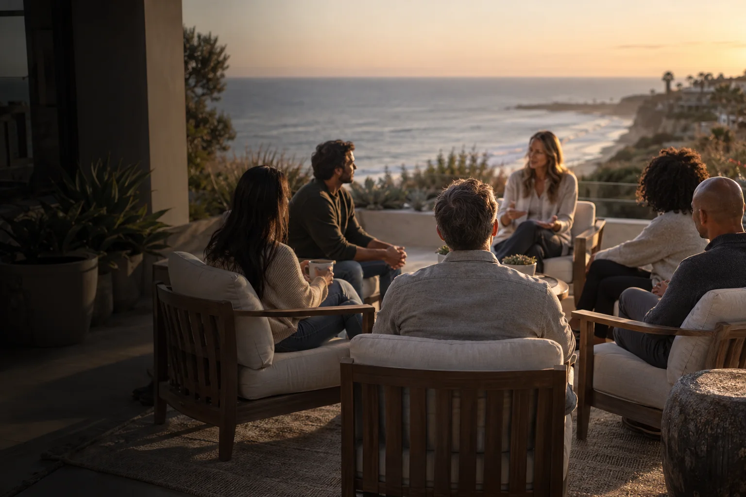 Small group therapy session on a terrace above the Carlsbad coast at sunset, part of Aria's intensive outpatient program