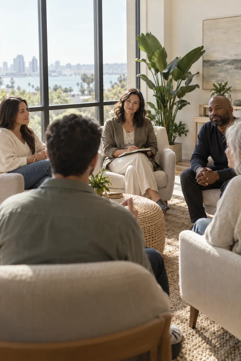 Adults in a group therapy circle in a bright therapy room during intensive outpatient care