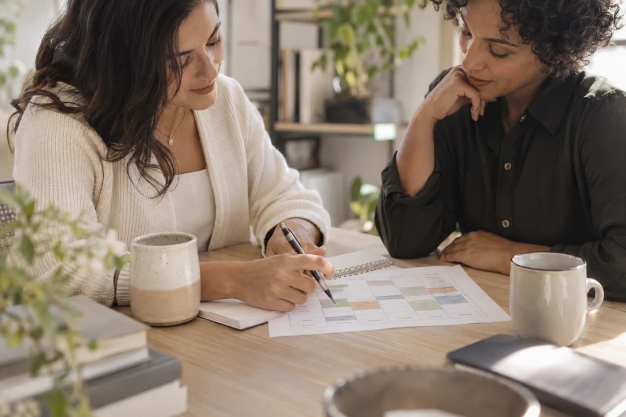 Clinician and client reviewing a printed weekly IOP schedule together