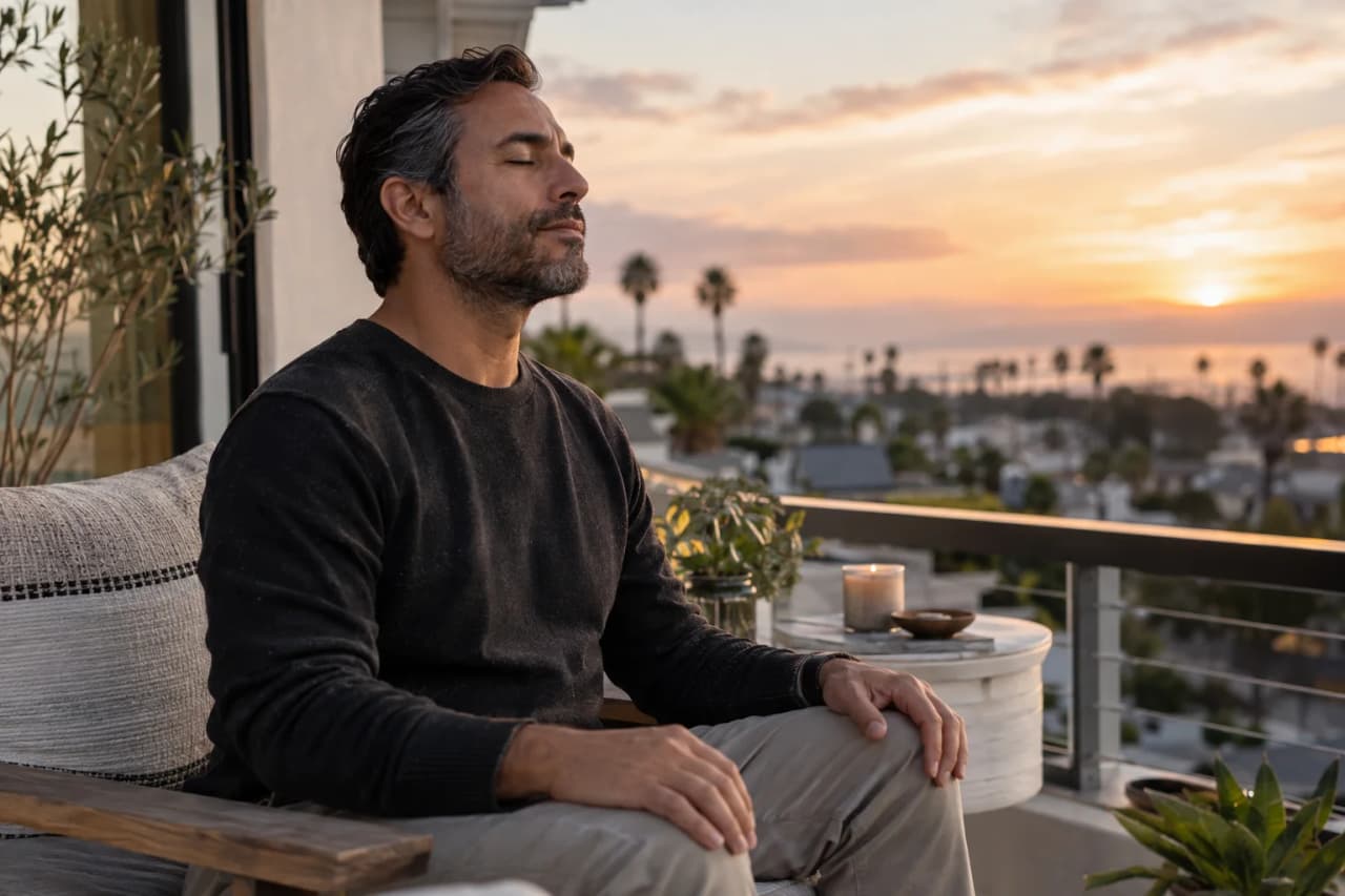 Man practicing a breathing exercise on his balcony at dusk between IOP sessions