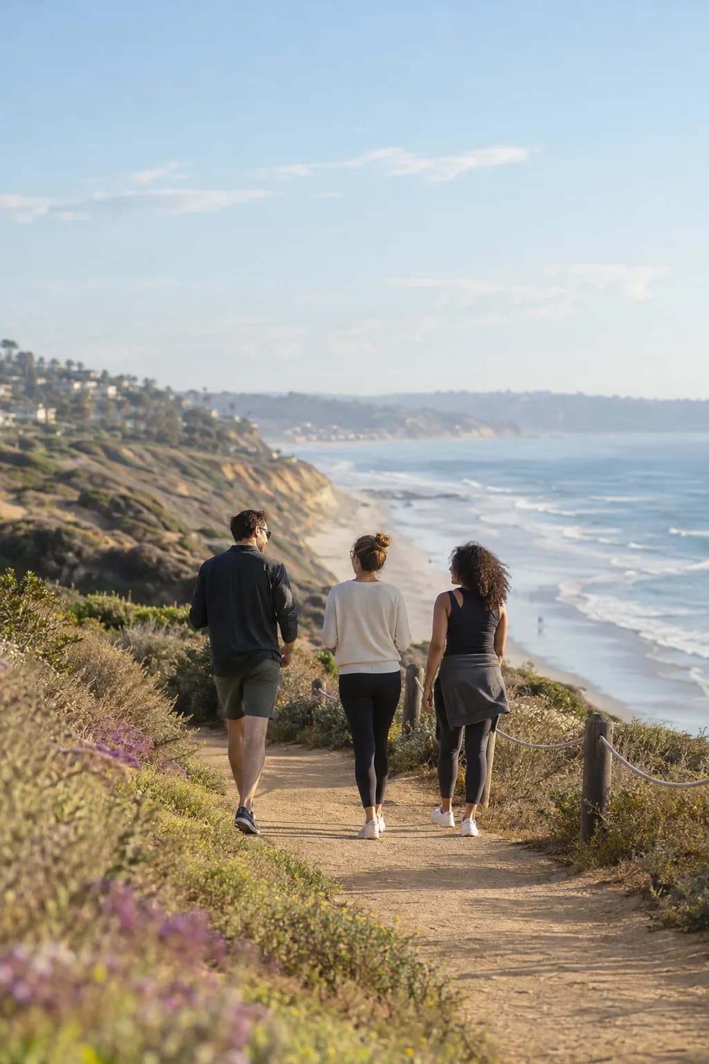 Three friends walking the Del Mar bluffs trail above the beach in San Diego County
