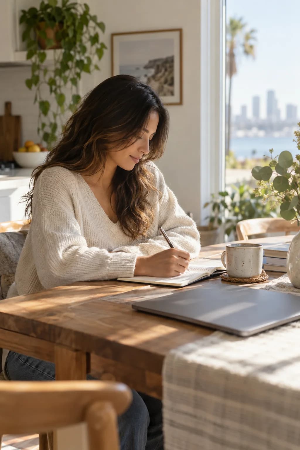Woman journaling at a sunny kitchen table at home while in outpatient care