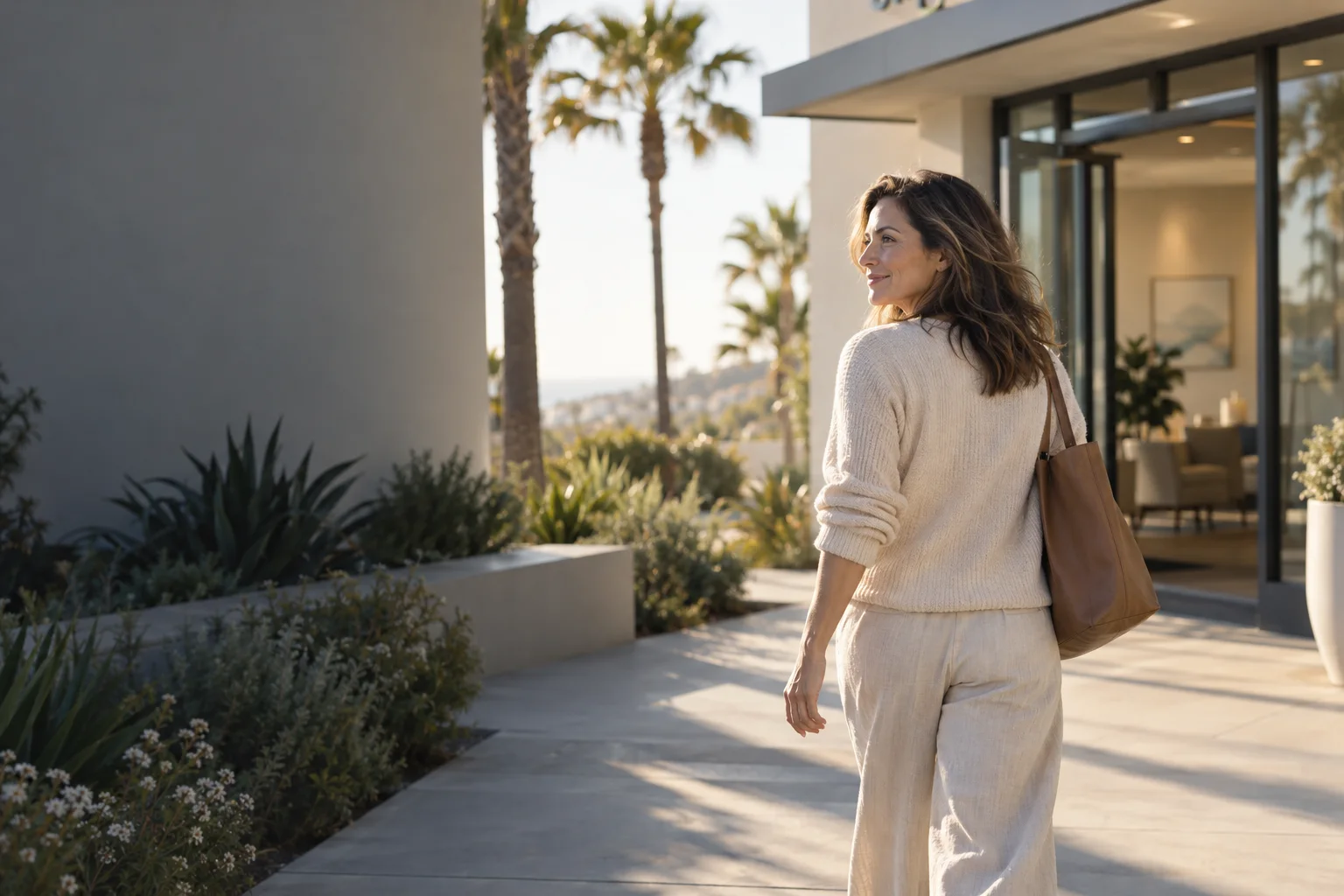 Woman walking outside a palm-lined clinic in Carlsbad on her way home from an outpatient session