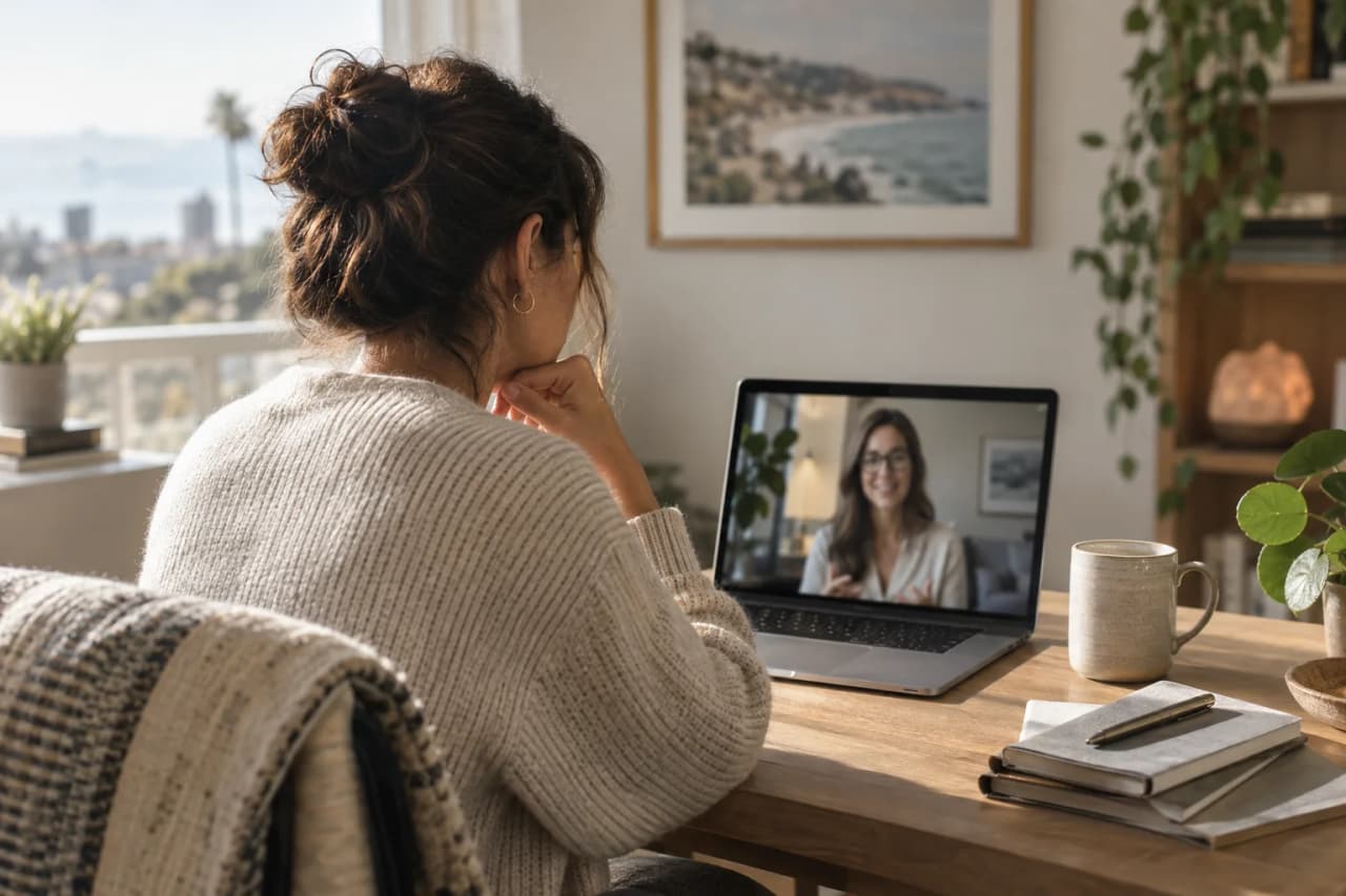 Woman meeting a clinician by secure telehealth on her laptop for an intake assessment