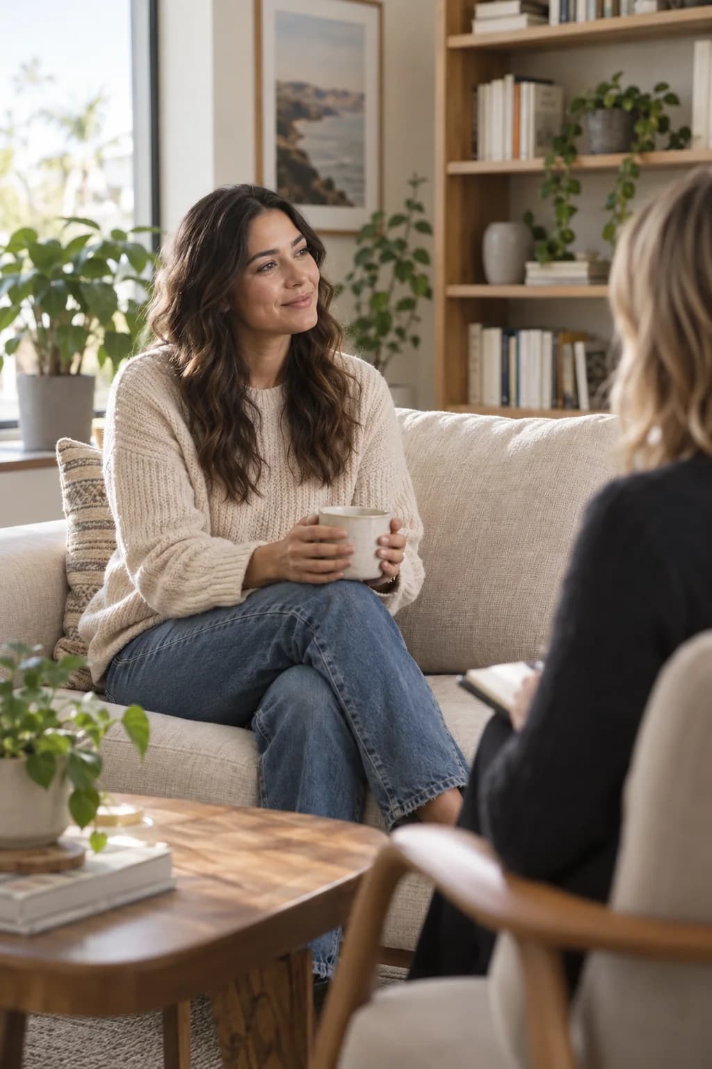 Client holding a mug while talking with a therapist in a calm outpatient office